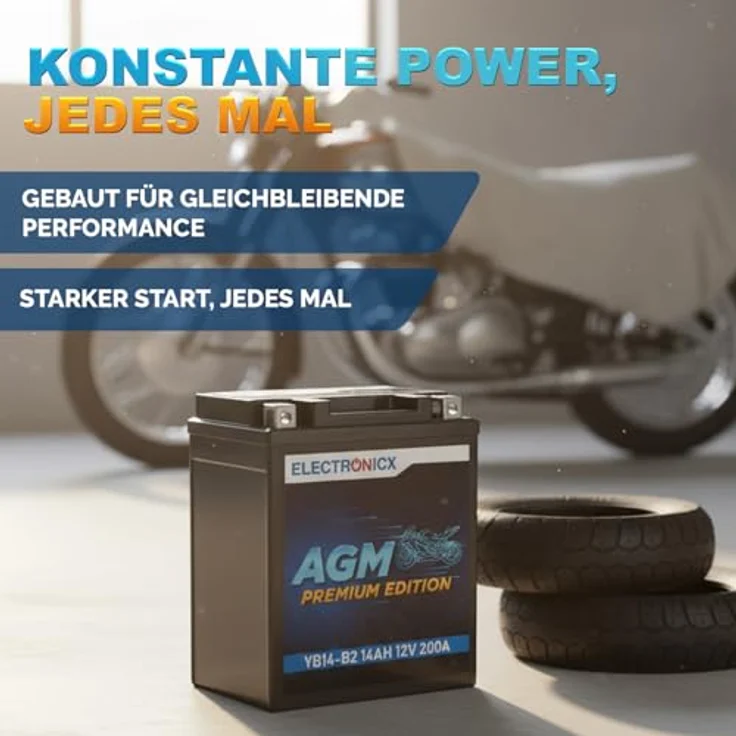 Electronicx YB14-B2 AGM Motorradbatterie, 14Ah 12V, wartungsfrei, rüttelfest, auslaufsicher für Motorrad, Roller, Quad und JetSki – Bild 4