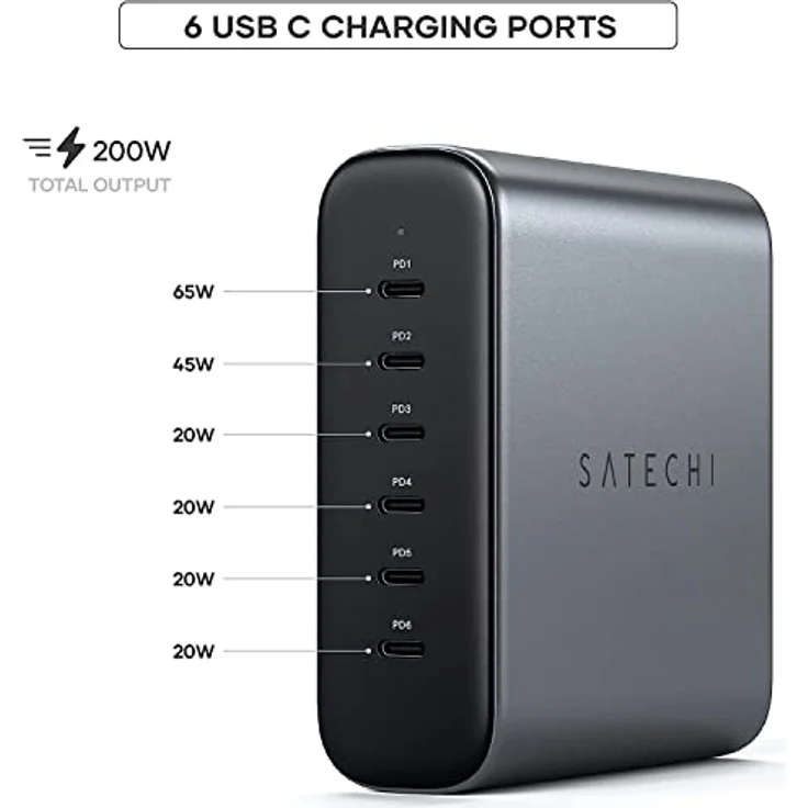 SATECHI GaN 200W USB-C Ladegerät mit 6 Anschlüssen – 2 x USB-C PD 3.1 (140W) und 4 x USB-C PD 3.0, Schnelllade-Reisestation, kompatibel mit Apple und den meisten Thunderbolt USB-C-Geräten – Bild 4