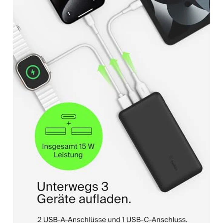 Belkin tragbares Ladegerät, 4-in-1-Power-Paket mit 20.000 mAh Power Bank, 25 W USB-C-Ladeblock, 60 W USB-C-Kabel und Reisetasche – schnelles Laden für mehrere Geräte, kompaktes Design – Bild 4