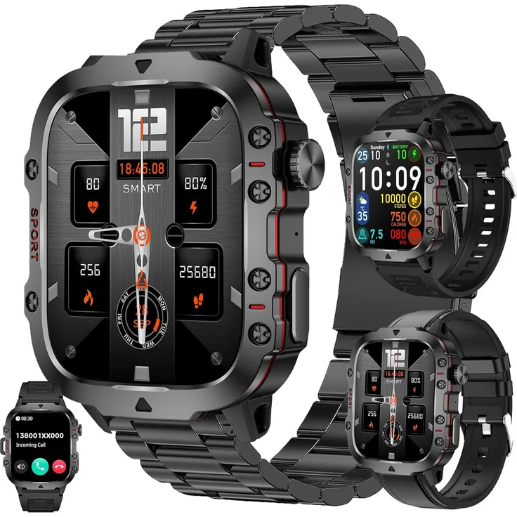 ZPIMY Herren Smartwatch mit Telefonfunktion, 1.96 Zoll AMOLED Display, 5ATM wasserdicht, 100+ Sportmodi, Fitness Uhr für Android und iOS