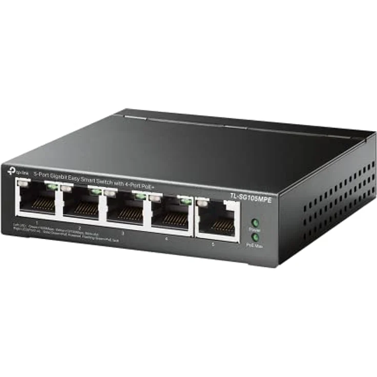 TP-Link TL-SG105MPE 5 Port Managed PoE Switch mit 4 PoE+ Ports (120 Watt, IEEE-802.3af/at PoE,lüfterlos, Plug-and-Play, Robustes Metallgehäuse) Schwarz – Bild 1