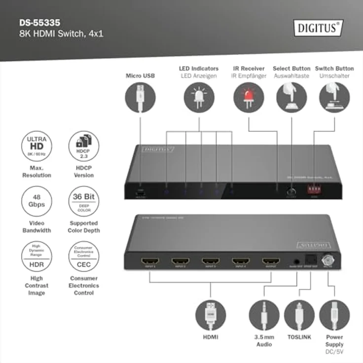 DIGITUS DS-55335 HDMI Switch 4x1 – UHD 8K/60 Hz – HDR, DTS, Dolby Digital – Für TV, Monitor, PS5, Xbox - Metallgehäuse – Bild 2