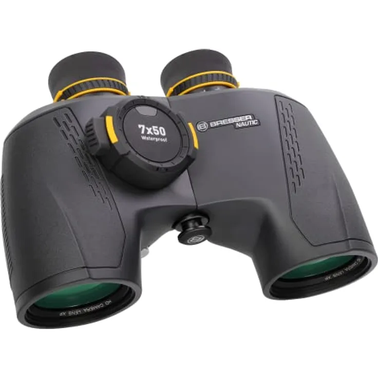 Bresser Fernglas Nautic 7x50 Gen II mit beleuchtetem Kompass, Entfernungs- und Größenberechnung, Nebel- und wasserdicht, inklusive Tasche Ideals Marine Fernglas für Wassersportler