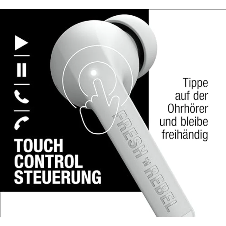 Fresh 'n Rebel Twins Fuse, True Wireless kabellose In-Ear-Bluetooth-Kopfhörer mit Spitze, mit Sprachassistent, Touch-Steuerung und eingebautem Mikrofon, 30 Stunden Spielzeit (Ice Grey) – Bild 3
