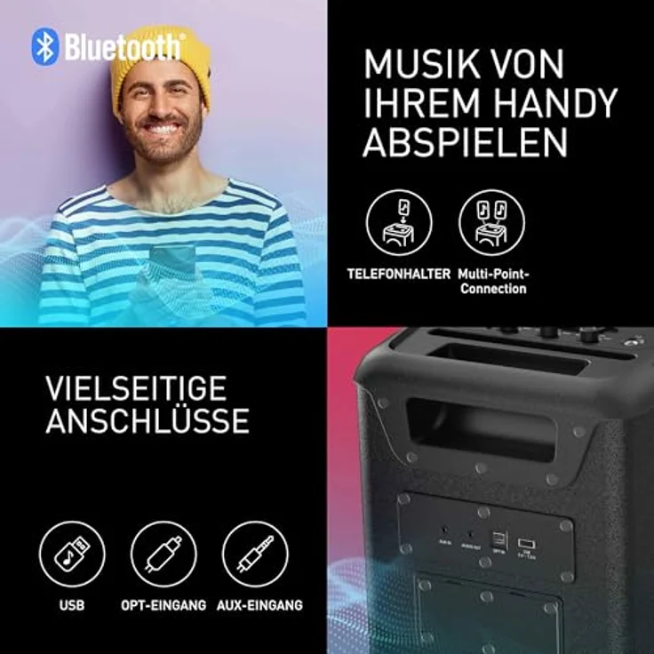 Panasonic SC-BMAX10E-K Tragbarer Party-Lautsprecher mit Bluetooth, integrierter Beleuchtung, 150 W, USB, optischem Eingang für TV, Gitarren- & Mikrofoneingängen für Karaoke, Schwarz – Bild 5