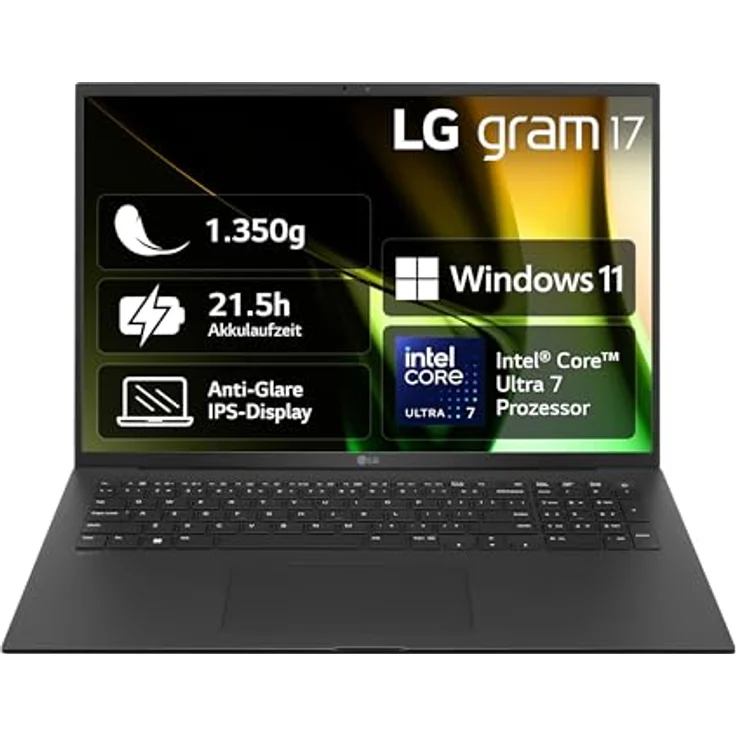 2024 LG gram 17 Zoll Notebook - 1350g Intel Core Ultra7 Laptop (16GB RAM, 512GB Dual SSD, 21,5h Akkulaufzeit, IPS Panel Anti-Glare Display, Win 11 Home) - Schwarz – Bild 1