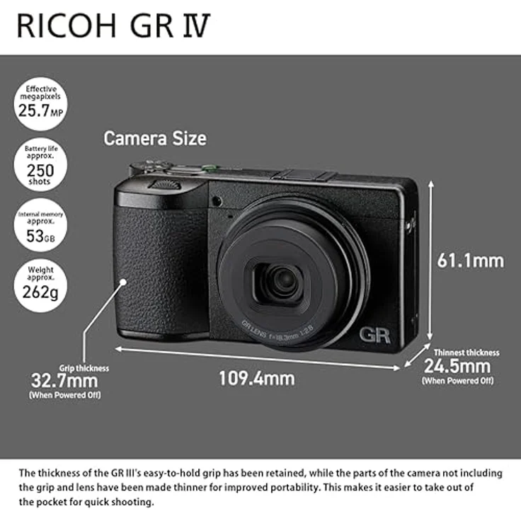 Ricoh GR IV Premium-Kompaktkamera, 25,7 MP APS-C-Sensor, 28 mm Brennweite, schneller Autofokus, ISO 204800, Bluetooth & WLAN, schwarzes Gehäuse – Bild 5