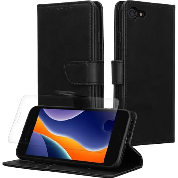 kwmobile Kunstleder Handyhülle für Apple iPhone SE (2022) / iPhone SE (2020) / iPhone 8 / iPhone 7 - Brieftaschen Schutzhülle aus PU-Leder mit Displayschutz, RFID-Schutz und Schwarz – Bild 1