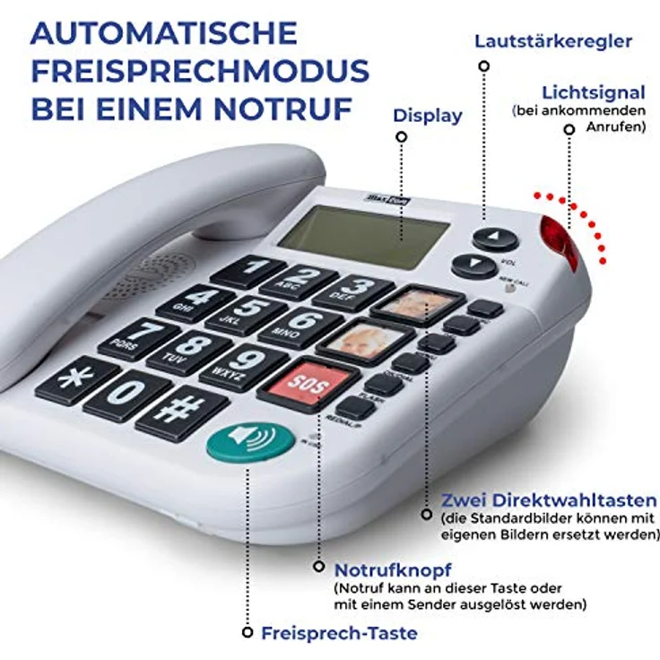 Maxcom Maxom KXT SOS Seniorentelefon, Notruftelefon mit Freisprechfunktion und 25-30 m Reichweite, weiß – Bild 2