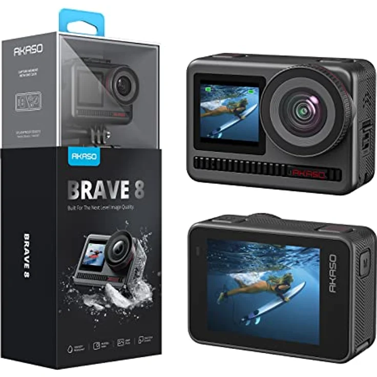 AKASO Action Cam 4K60FPS 48MP WiFi Unterwasserkamera mit SuperSmooth Stabilisierung, Touchscreen, 150° Weitwinkel, 60M Wasserdicht Kamera mit 8X Zoom, 16x Slo-mo, 2x1550mAh Akkus- Brave 8 – Bild 1