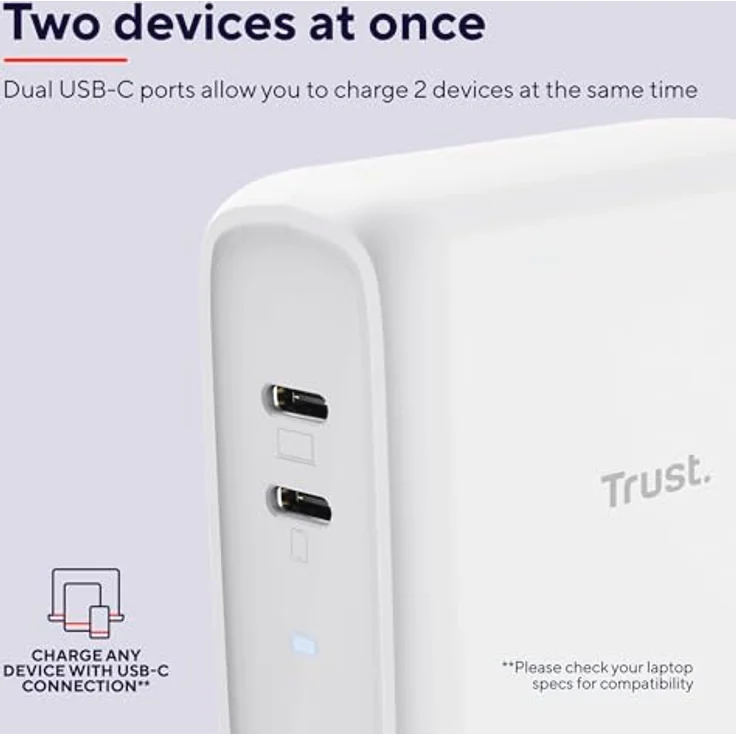 Trust Maxo USB C Ladegerät 65W, 2 USB-C-Anschlüssen, 75% Recycelten Materialien, Schnellladegerät USB-C Stecker, Netzteil für iPhone, iPad, Samsung Galaxy, Steam Deck, Smartphones - Weiß – Bild 3