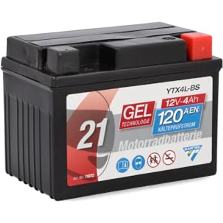 Cartec Gel Motorradbatterie YTX4L-BS 4Ah 120A, wartungsfrei, auslaufsicher, ideal für Mofas und Motorräder – Bild 1