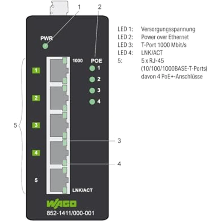 Wago 852-1411 - Switch 5-Port Gigabit Ethernet PoE+ - Switch - 1 Gbps (5 Ports), Netzwerk Switch – Bild 2