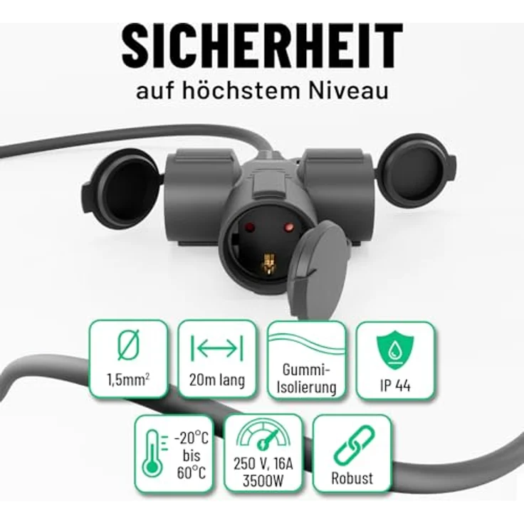 greate 3fach Verlängerungskabel außen 20 Meter - IP44 wasserdicht - 3500 W, Outdoor Extension Cord Waterproof, schwarz – Bild 5