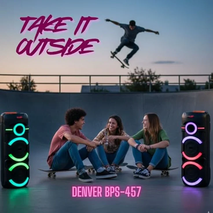 Denver BPS-457 Bluetooth Party Speaker, 400W Sound, LED-Disco-Licht, Akku, USB/SD, TWS, Mikrofon, mit Rollen & Tragegriff – Bild 2