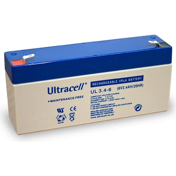 Ultracell UL 3.4-6 Bleiakku, 6 V 3,4 Ah mit Faston 4,8mm Kontakten, wartungsfrei, ABS-Hülle – Bild 1