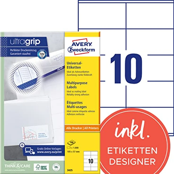 Generic AVERY Zweckform Etiketten 3425, selbstklebend, 1000 Stück, 105x57mm, weiß, FSC®-zertifiziert – Bild 1