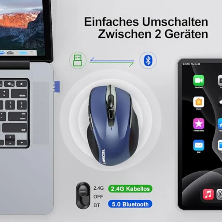 TECKNET Bluetooth Maus M4800, Kabellos Ergonomische Maus mit 4800 DPI, Tri-Modi: BT 5.0/3.0+2.4G, 30 Monate Batterielaufzeit, Leise Funkmaus für Laptop PC, Windows, Mac OS, Android – Bild 2