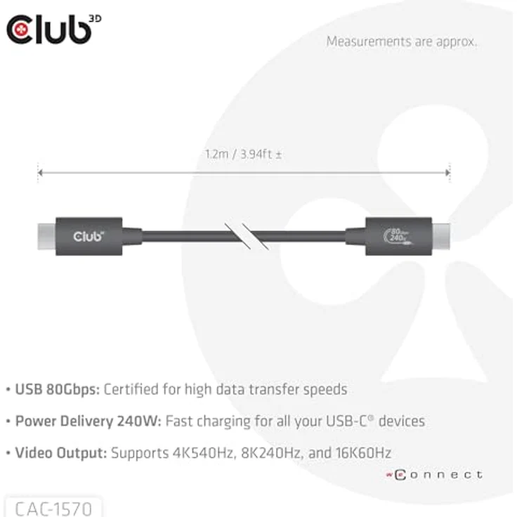 Club 3D Club3D USB C Kabel, 240W, 4K 540Hz, 80Gbps, 1,2m, USB 4.0, zertifiziert, Power Delivery – Bild 4