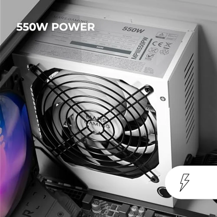 Mars Gaming MPIII550P, PC-Netzteil ATX 550W, 85% Effizienz, 5 Jahre Garantie, Digitales APFC-System, Weiße Flachkabel, 120mm FDB-Lüfter mit AI-RPM – Bild 2