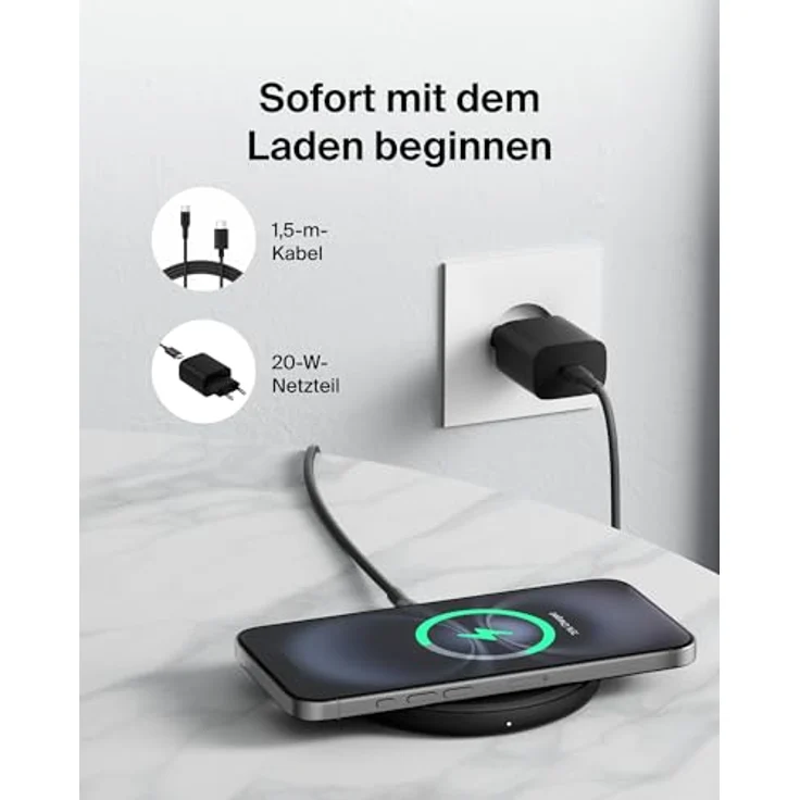 Belkin Kabelloses Ladepad (15 W), Qi Ladestation für iPhone 16/15/14/13, Samsung Galaxy S25/S24, inklusive 20-W-Netzteil und USB-C-Kabel, Schwarz – Bild 4