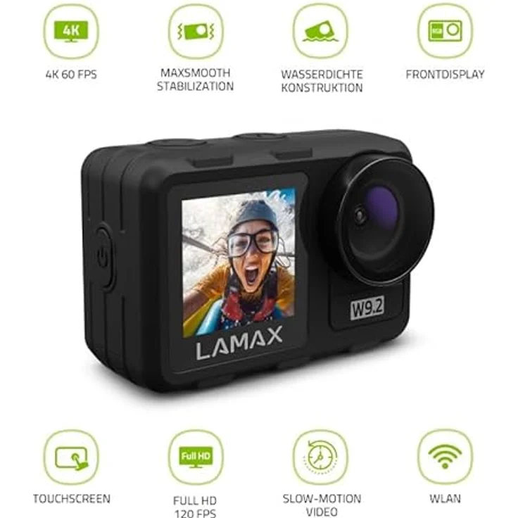 Lamax W9.2 Action-Cam, Dual-Display, wasserdicht bis 12m, MAXsmooth Stabilisierung, Wi-Fi, 20 Mpx Fotos, Zeitlupe, Zeitraffer, 22 Zubehörteile, auf Deutsch – Bild 3