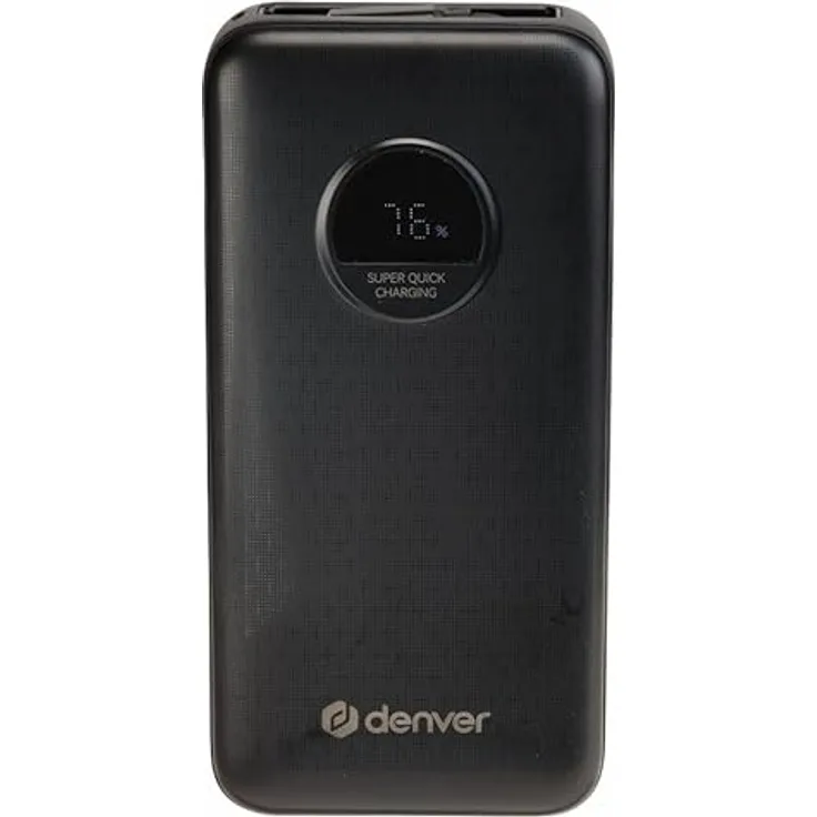 Denver PQC-20065, 65W Powerbank mit 20.000 mAh, schwarz, inkl. USB-C-Kabel, mehrere Ladeanschlüsse, integriertes Display