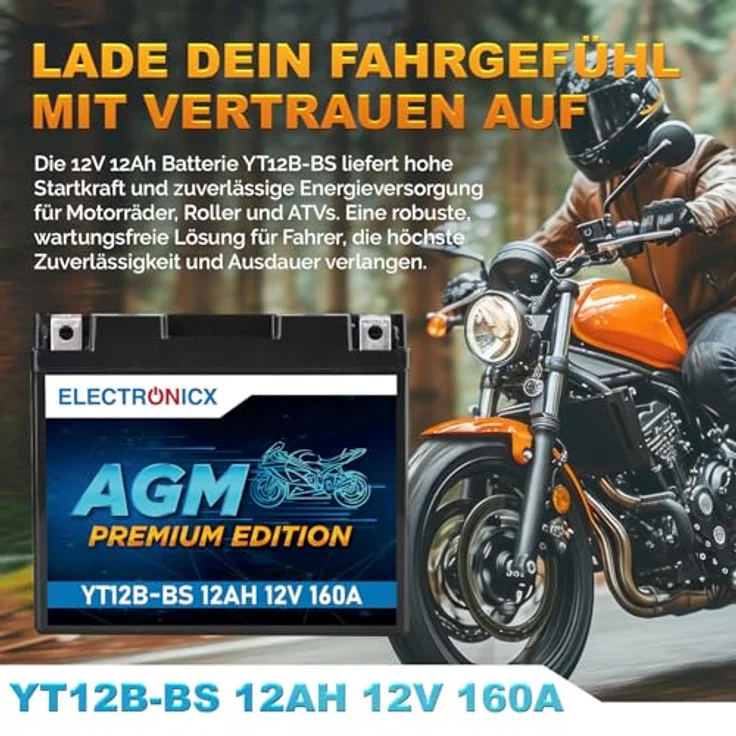 Electronicx YT12B-BS AGM Motorradbatterie 12Ah 12V, wartungsfrei, auslaufsicher, rüttelfest für Motorrad, Roller und Quad – Bild 2