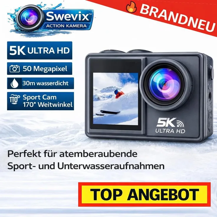 MAVURA Swevix™ Action Kamera 5K Ultra HD, 50 MP, WiFi, bis zu 30 m wasserdicht, 170° Weitwinkel, SportCam