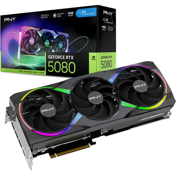 PNY GeForce RTX 5080 Epic-X OC, 16384 MB GDDR7 Next-Gen-Grafikkarte mit Triple-Fan-Kühlerdesign, RGB-LED-Beleuchtung