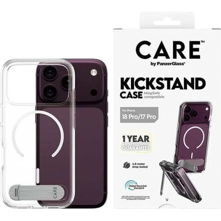 CARE by PanzerGlass Kickstand Case Transparent mit MagSafe für Apple iPhone 18 Pro | 17 Pro, 360° verstellbarer Ständer, sturzgetestet, kratzfest, aus recyceltem Kunststoff