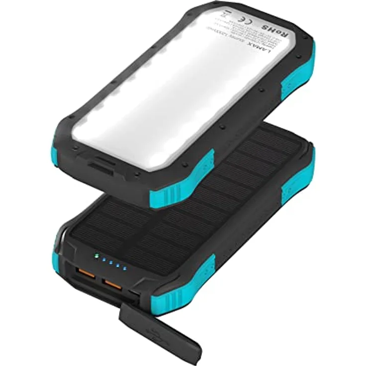 Lamax Journey 12000mAh Outdoor-Powerbank mit Solarmodul und Schnellladefunktion, IP65 Wasserdichtheit, 18 LEDs Lampe, 332g, in schwarz