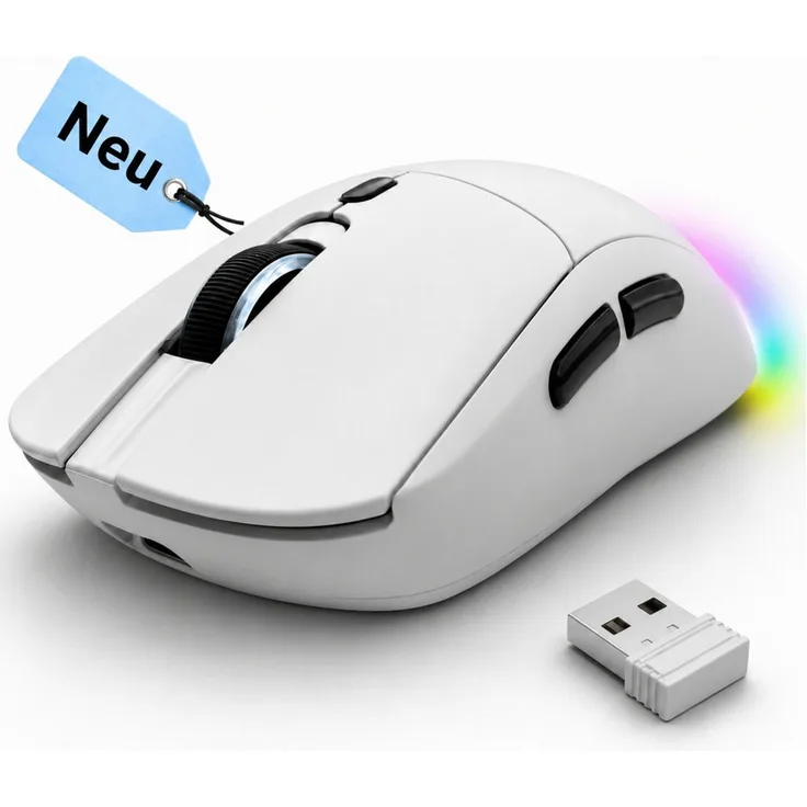 RUHE Kabellose RGB Gaming Maus, Ergonomisch, 2.4G Funk, 4800 DPI, Wiederaufladbar, Schwarz Weiß, 6 Tasten für PC/Laptop/Mac