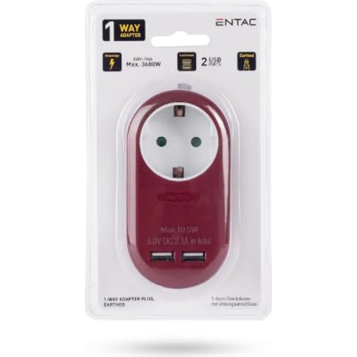 Entac Power Adapter, 1 Grounded Socket und 2 USB-Anschlüsse (2.1A), burgundy, kompaktes Design – Bild 1