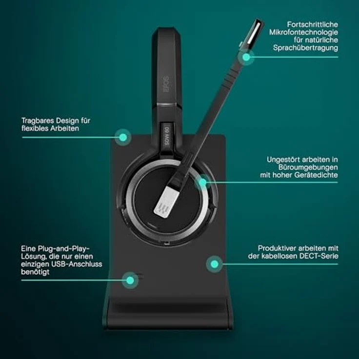 EPOS Impact 5000 Go MS Stereo, DECT Wireless Headset mit Geräuschunterdrückung, Microsoft Teams zertifiziert, 135 m Reichweite, faltbare Ladestation & USB-A Dongle – Bild 2