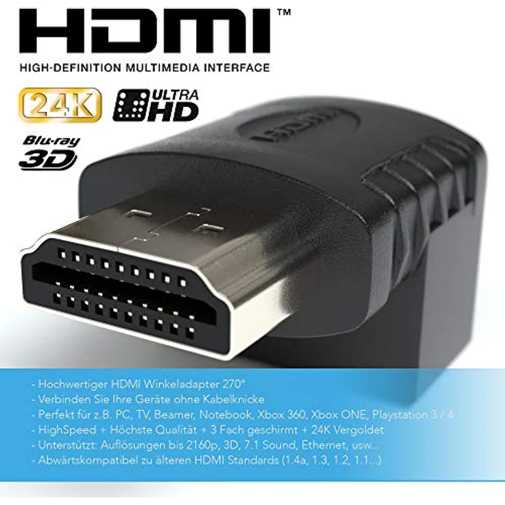 HDMI Winkel Adapter | 270° Winkel (Rechter Winkel) von HDMI A Buchse zu HDMI A Stecker 19pol | 1080p Vergoldete Stecker – Bild 3