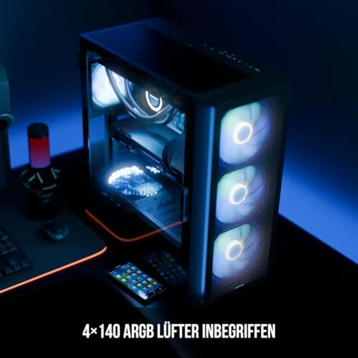 Modecom Horizon ARGB Midi Tower, PC Gehäuse für Mini-ITX, mATX, E-ATX, schwarz mit ARGB-Beleuchtung und Seitenfenster – Bild 2