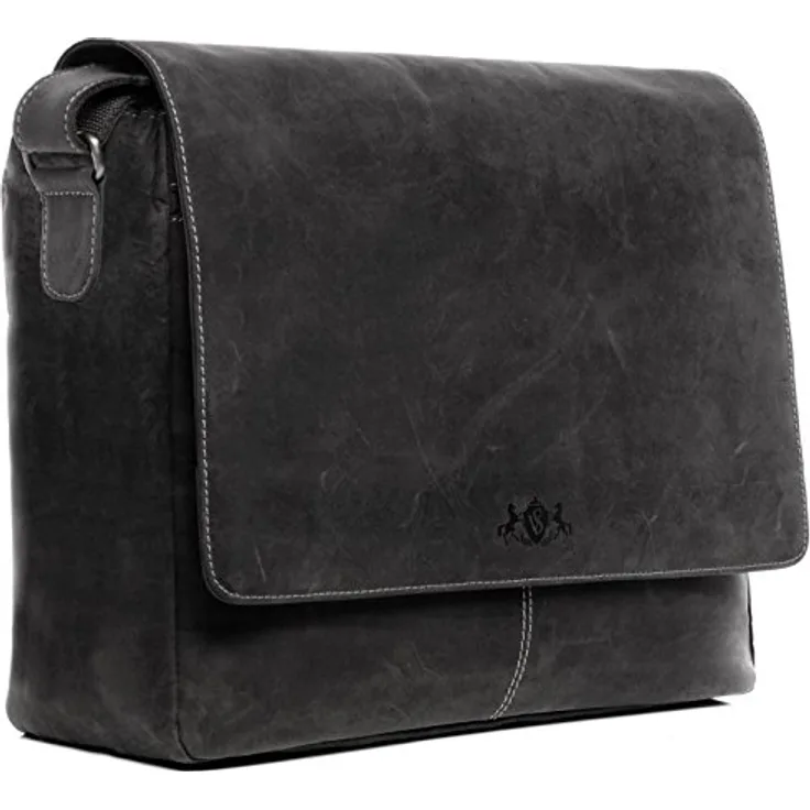 SID & VAIN Laptoptasche Messenger Bag Spencer aus Büffel-Leder I Business-Tasche XL für Herren 15 Zoll extra Laptop-Hülle I Umhängetasche grau handgefertigt