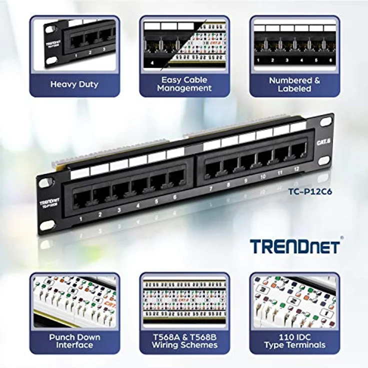 TRENDnet TC-P12C6, 12-Port Cat6 ungeschirmtes Patchpanel, 10 Zoll, 12 RJ-45 Gigabit Ethernet Ports, 250 MHz, Kabelmanagement inklusive – Bild 2