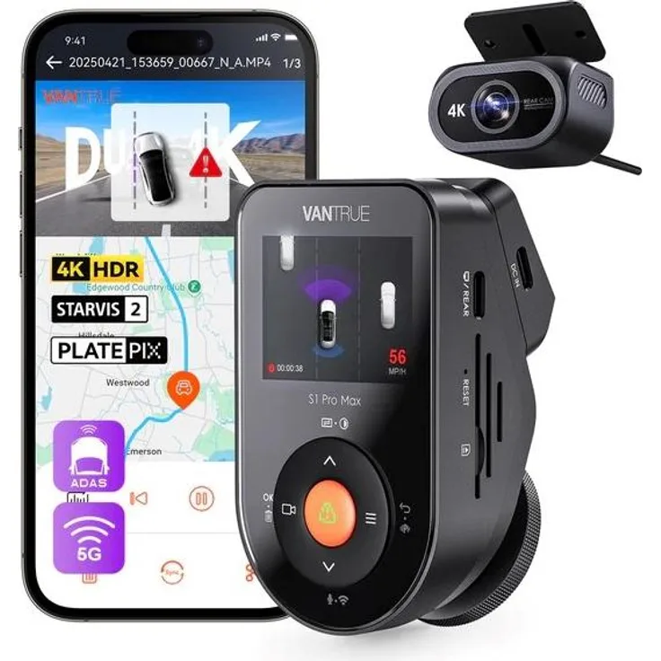 Vantrue S1PRO MAX, Dashcam mit 4K UHD Auflösung, 155° Winkel, GPS und Wi-Fi, 2 Kanäle, 1 TB Unterstützung