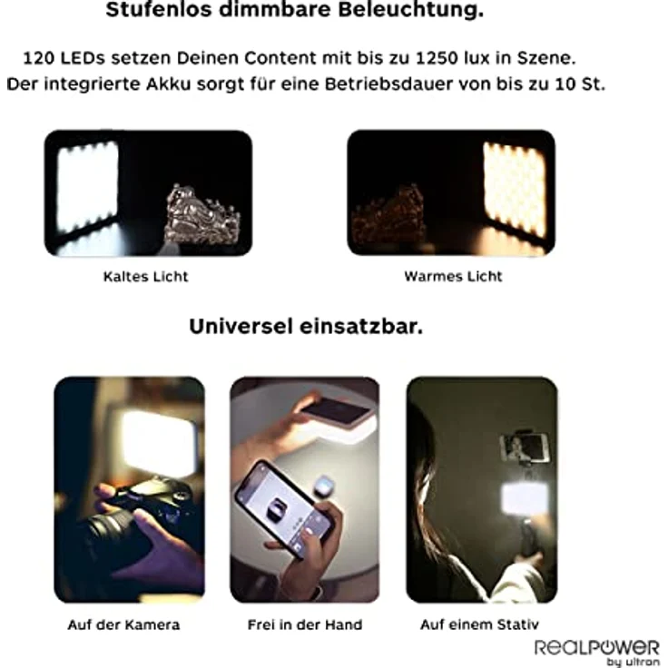 RealPower LightsOn Kamera Video Licht, Eingebaute Wiederaufladbare Batterien 3200K-6500K Dimmbar und Ultradünne Videoleuchte mit Halterung 6 Farbfilter für Social Media Streaming Interview Porträt, Schwarz – Bild 5