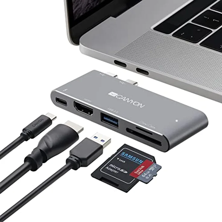 CANYON Thunderbolt 3 Hub, 5-In-1 USB-C Docking-Station, Mehrfach Port Verteiler inkl. 4k HDMI, USB 3.0 und SD/TF Kartenleser für MacBook Pro und Air, Multiport Adapter