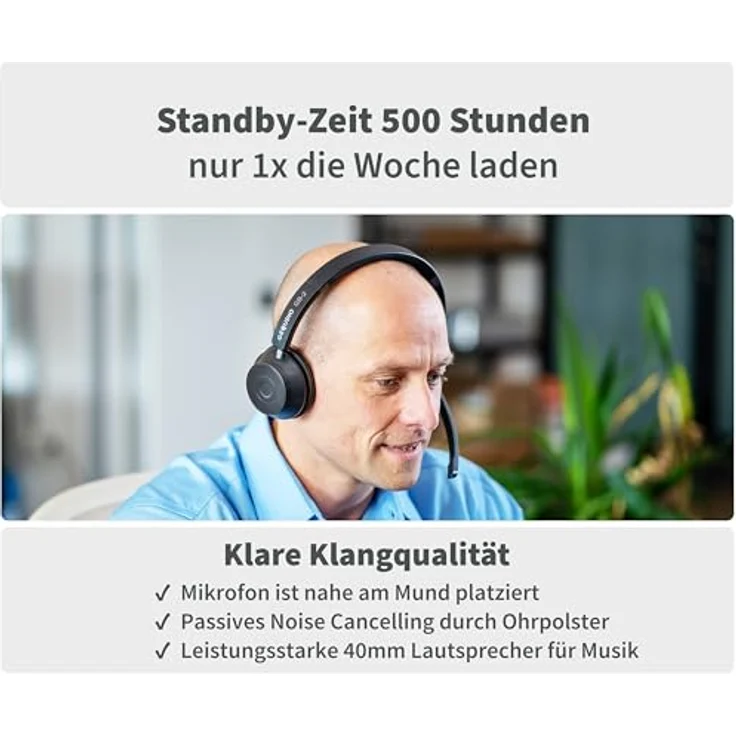 GEQUDIO GB-2 Bluetooth Headset mit Mikrofon, passives Noise Cancelling, kabellos, 2 Geräte gleichzeitig verbinden, Standby 500h (mit USB-Adapter), Wireless – Bild 3