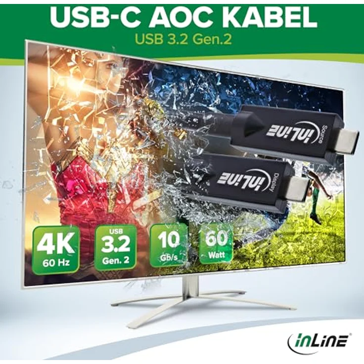 InLine® USB 3.2 Gen.2 AOC Kabel, USB-C Stecker/Stecker, schwarz, 7,5m, 10 Gbit/s, 4K @144Hz, 60W Stromversorgung – Bild 2