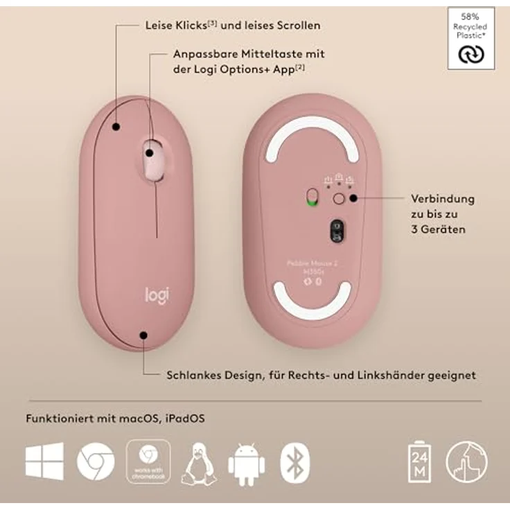 Logitech M350s Maus (Bluetooth, 4.000 DPI, Energiesparmodus) in Pebble Mouse 2 Design, recycelter Kunststoff, Blau – Bild 7