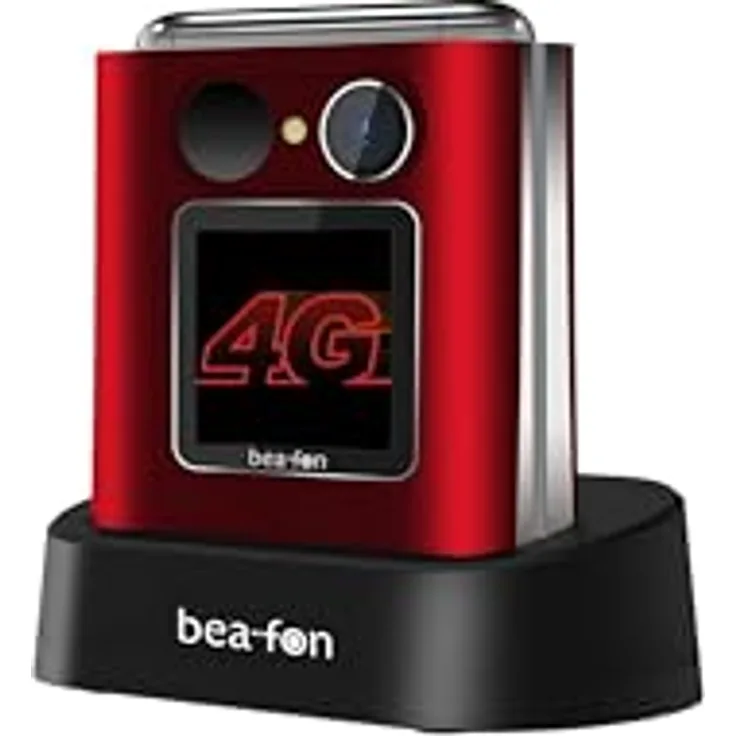Beafon Fold10 LTE Klapphandy, SOS Notruftaste, XL Farbinnendisplay 2,2" (5,58cm), XL Farbaußendisplay 1,44" (3,65cm), Fotokontaktanzeige, Kamera, Lichtsignal, Tischladeschale, rot