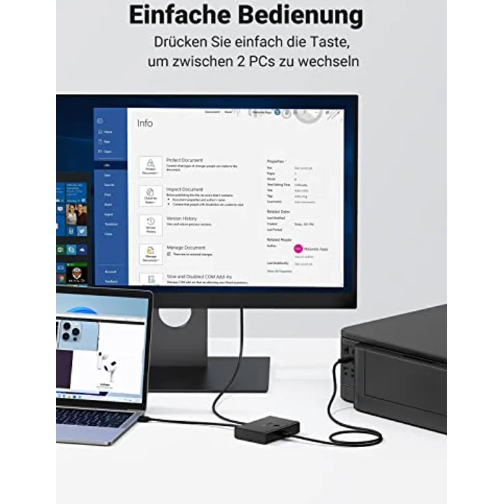 UGREEN USB 2.0 Switch 2-in-1, USB-Switch, 2 Eingänge und 1 Ausgang, mit 2 USB-Kabeln – Zum Teilen von USB-Geräten – Bild 3