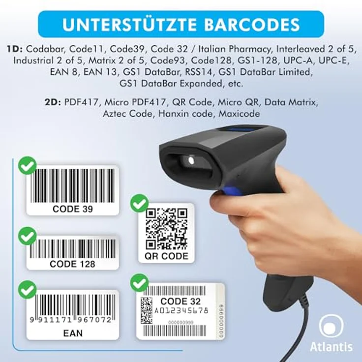 Atlantis A08-LD190-2D Barcodescanner, 1D und 2D, 640x480, 60fps, USB-Anschluss, IP54, für pharmazeutischen Code – Bild 3