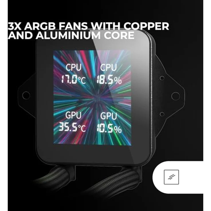 Mars Gaming ML-VISION360, AIO Flüssigkeitskühlung mit 600W TDP, 4:3 IPS LCD-Display, 360° Rotation und 3x ARGB-Lüftern, universeller Multisockel, Schwarz – Bild 2