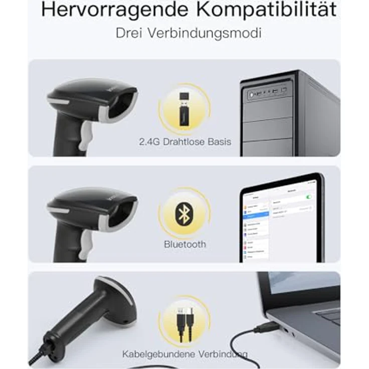 Inateck BCST-23, Bluetooth Barcode Scanner 1D 2D QR, kabellos mit APP und SDK, graue Farbe, 3 Monate Akkulaufzeit – Bild 4